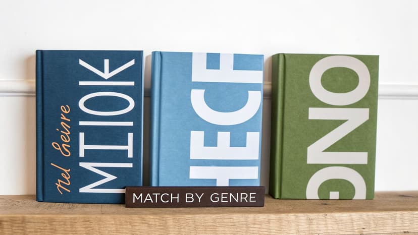 Three decorative books in blue and green with bold white text, alongside a 'MATCH BY GENRE' sign.