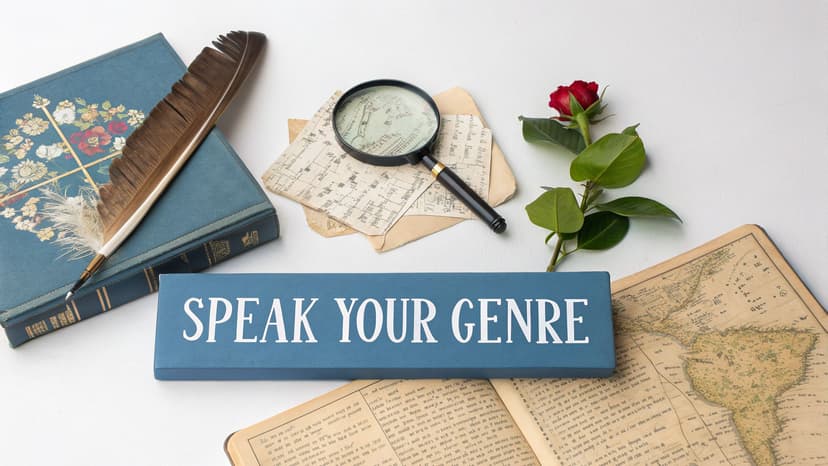 A blue box with 'SPEAK YOUR GENRE' surrounded by vintage books, a quill pen, a magnifying glass, and a red rose.