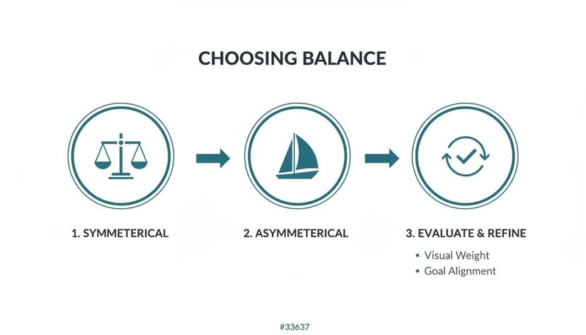Infographic showing three steps for choosing balance: symmetrical, asymmetrical, and evaluation.