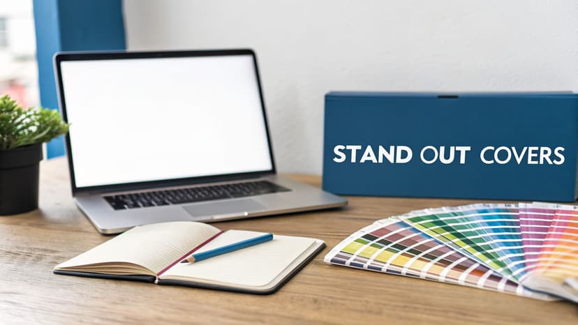 A creative workspace featuring a laptop, a blue box with 'STAND OUT COVERS', a color palette, and a notebook.
