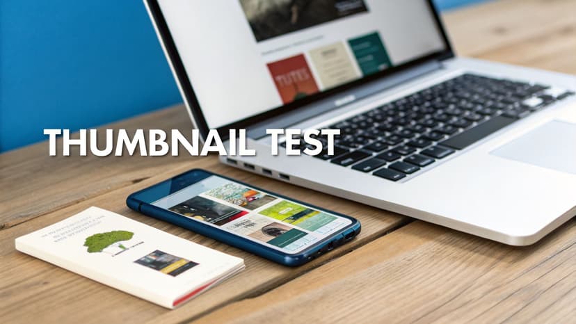 A laptop, smartphone displaying thumbnails, and a book on a wooden desk with 'THUMBNAIL TEST' overlay.