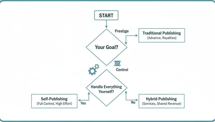 A flowchart illustrating publishing options: Traditional, Self-Publishing, and Hybrid, based on author goals.