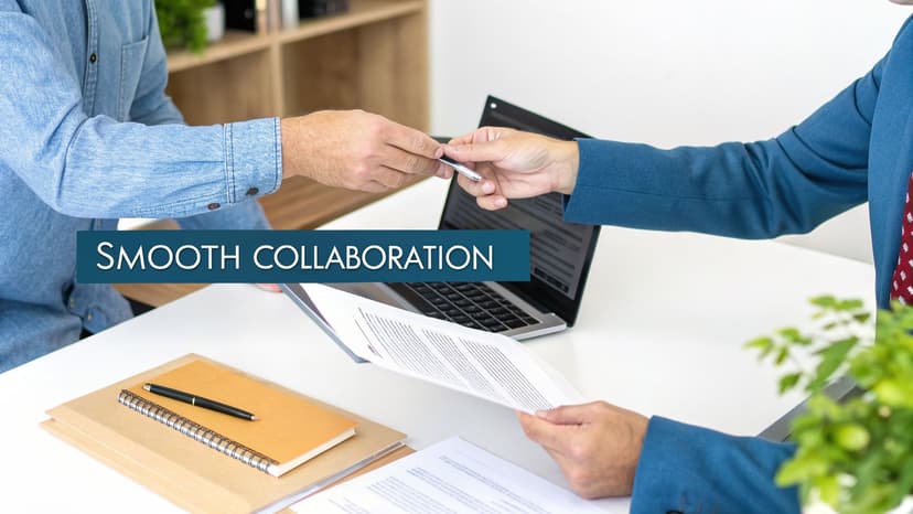 Two business professionals exchange a pen and documents across a white desk, symbolizing smooth collaboration.