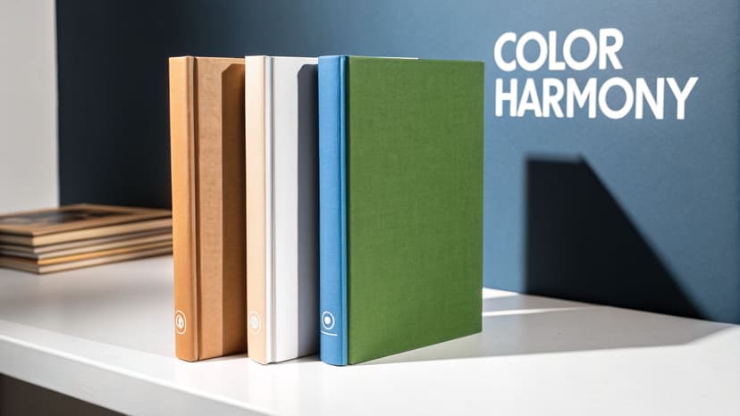 Five colorful books standing on a white shelf against a blue wall with 'COLOR HARMONY' text.