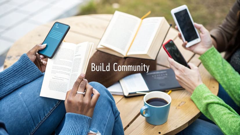 Diverse group of people reading books and using phones, fostering community connection.