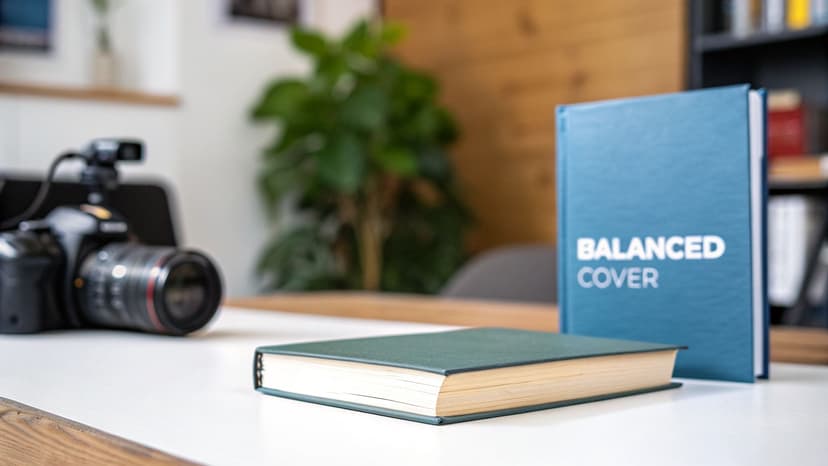 A desk scene featuring a camera, a green book, and a blue book titled 'BALANCED COVER'.