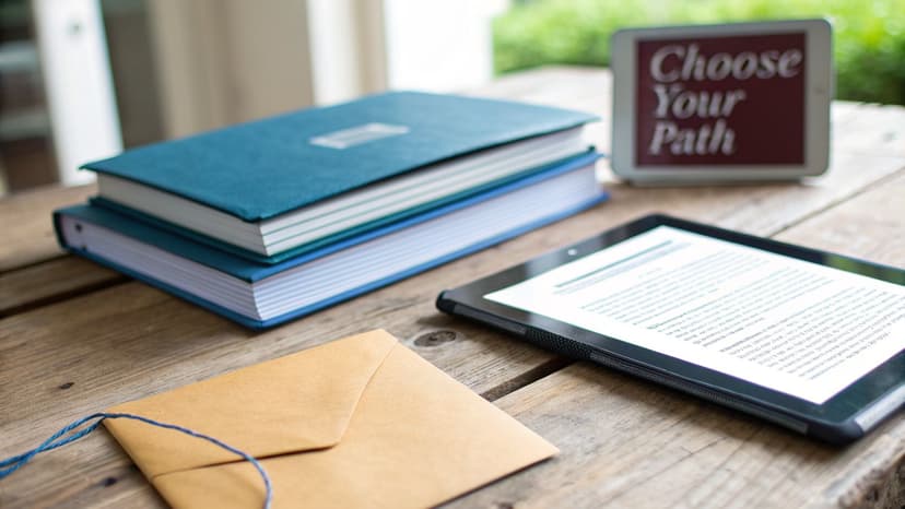 A stack of blue books, a tablet displaying text, and an e-reader with 'Choose Your Path' on a wooden table, alongside a brown envelope.