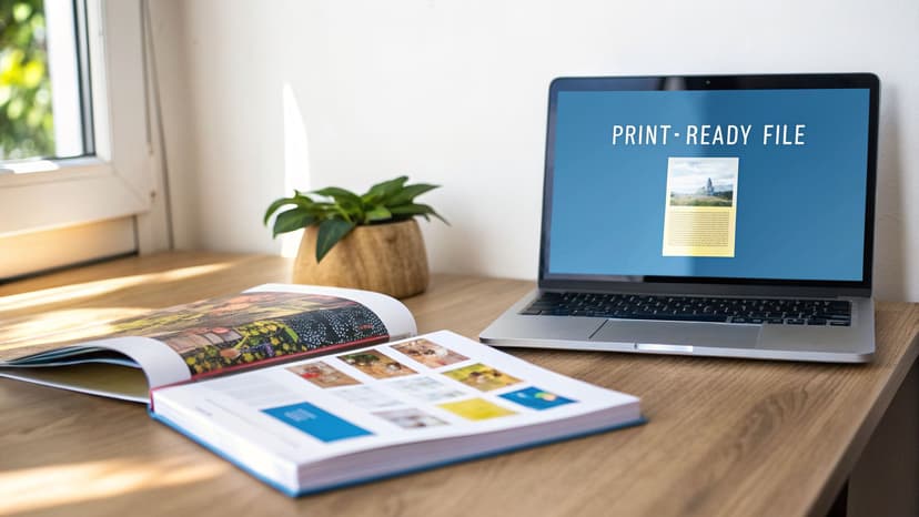 Laptop displaying a 'print-ready file' on a wooden desk with open books and a plant.