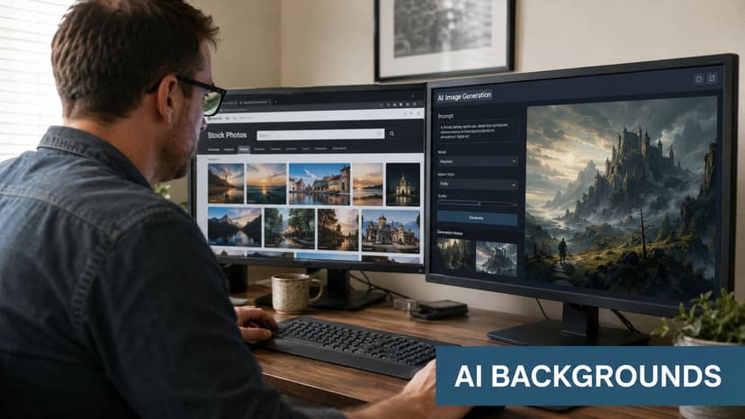 A person sitting at a desk working on dual monitors displaying AI image generation and stock photos.