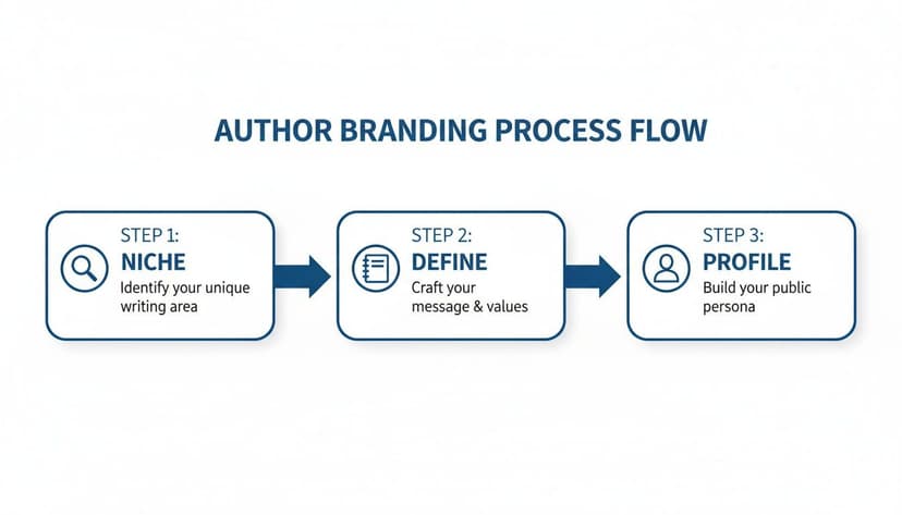 A three-step author branding process flow for Niche, Define, and Profile stages.