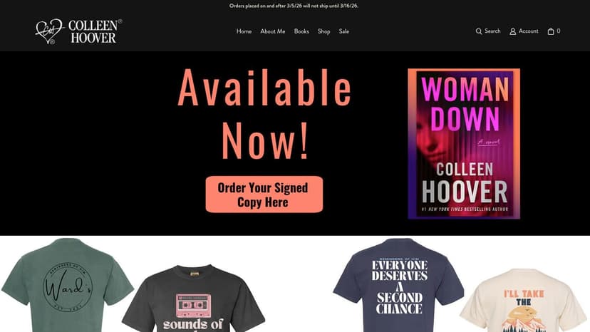 A screenshot of the Colleen Hoover author website, showing a grid of her book covers laid out like products in an online store.