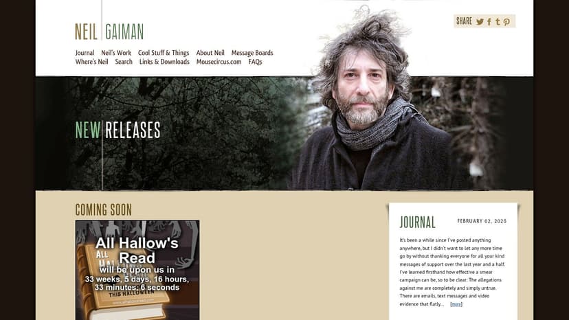 A screenshot of the Neil Gaiman author website, showing a content-rich layout with links to his journal, works, and media appearances.