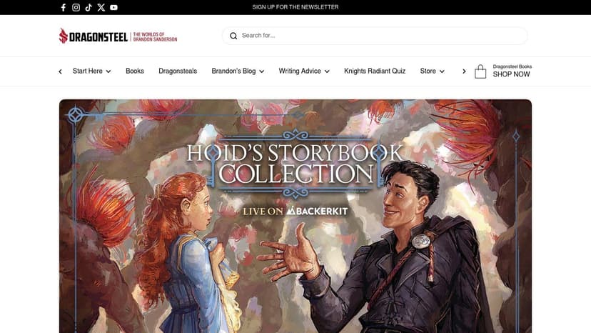A screenshot of the Brandon Sanderson author website, showcasing a grid of book covers from his various series, organized to help readers navigate his extensive bibliography.