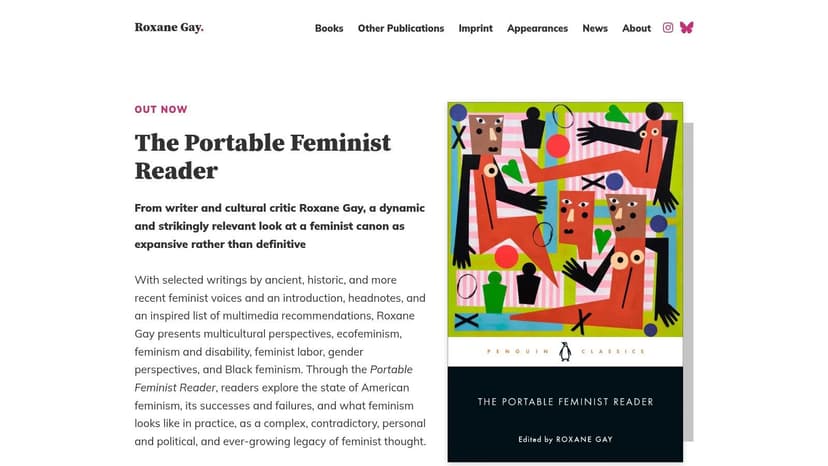 A screenshot of Roxane Gay's author website, showcasing a clean, professional layout with sections for her books, writing, and speaking engagements.