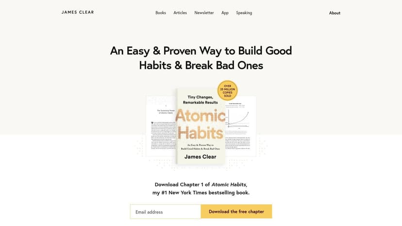 A screenshot of the James Clear author website, showing a clean layout with a prominent call to action for his book and newsletter.