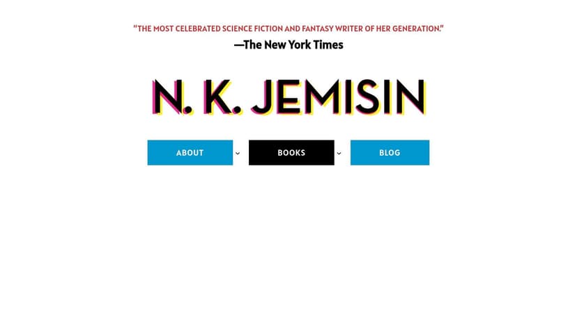 A screenshot of N. K. Jemisin's author website, showcasing a clean navigation menu and a grid of her book covers.