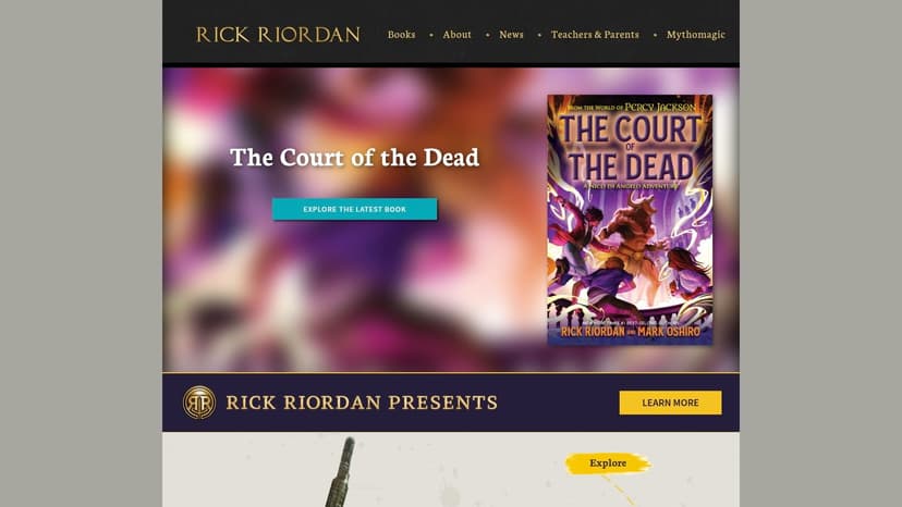 A screenshot of the Rick Riordan author website, showcasing a "New to this world?" section and clear navigation for his book series.