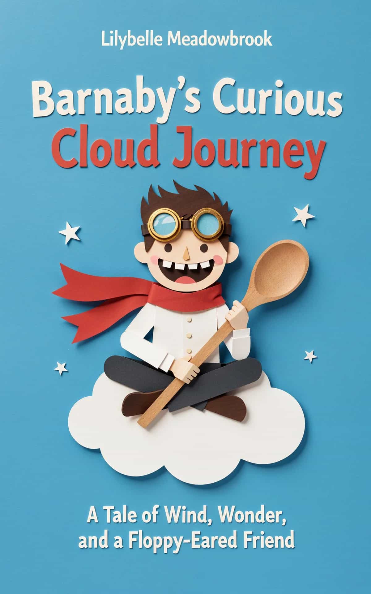 AI book cover generator children's character-hero: Cartoon boy in goggles and scarf sitting on cloud, holding wooden spoon, with playful stars for "Barnaby's Curious Cloud Journey".