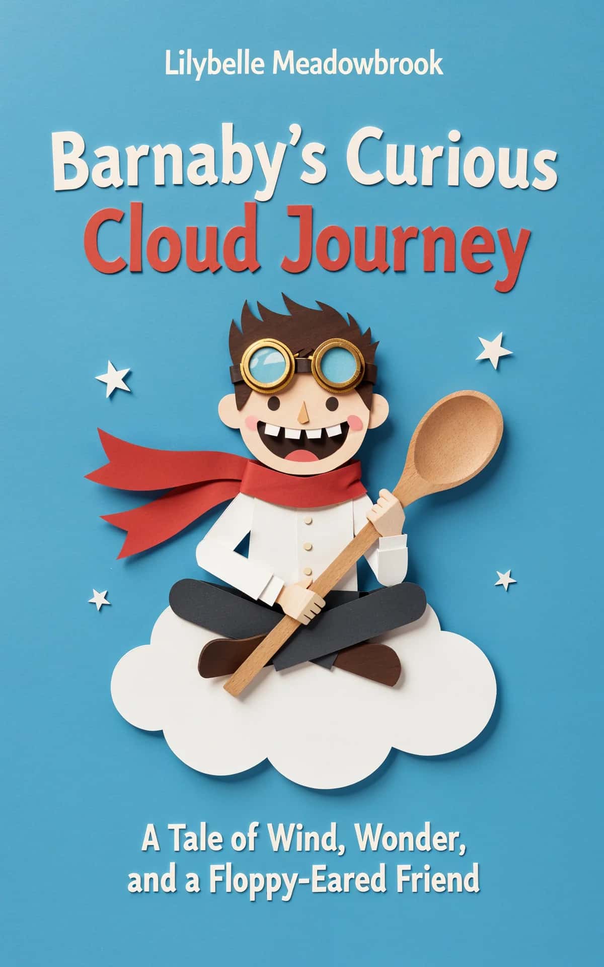 AI book cover generator children's character-hero: Cartoon boy in goggles and scarf sitting on cloud, holding wooden spoon, with playful stars for "Barnaby's Curious Cloud Journey".