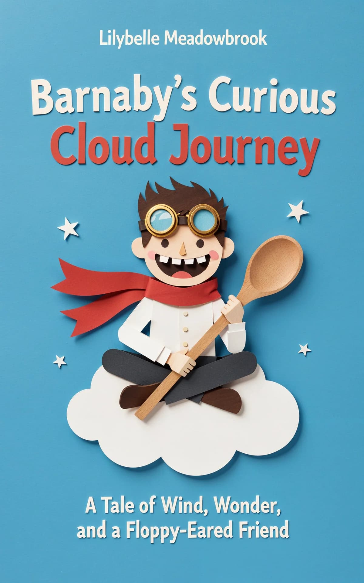 AI book cover generator children's character-hero: Cartoon boy in goggles and scarf sitting on cloud, holding wooden spoon, with playful stars for "Barnaby's Curious Cloud Journey".