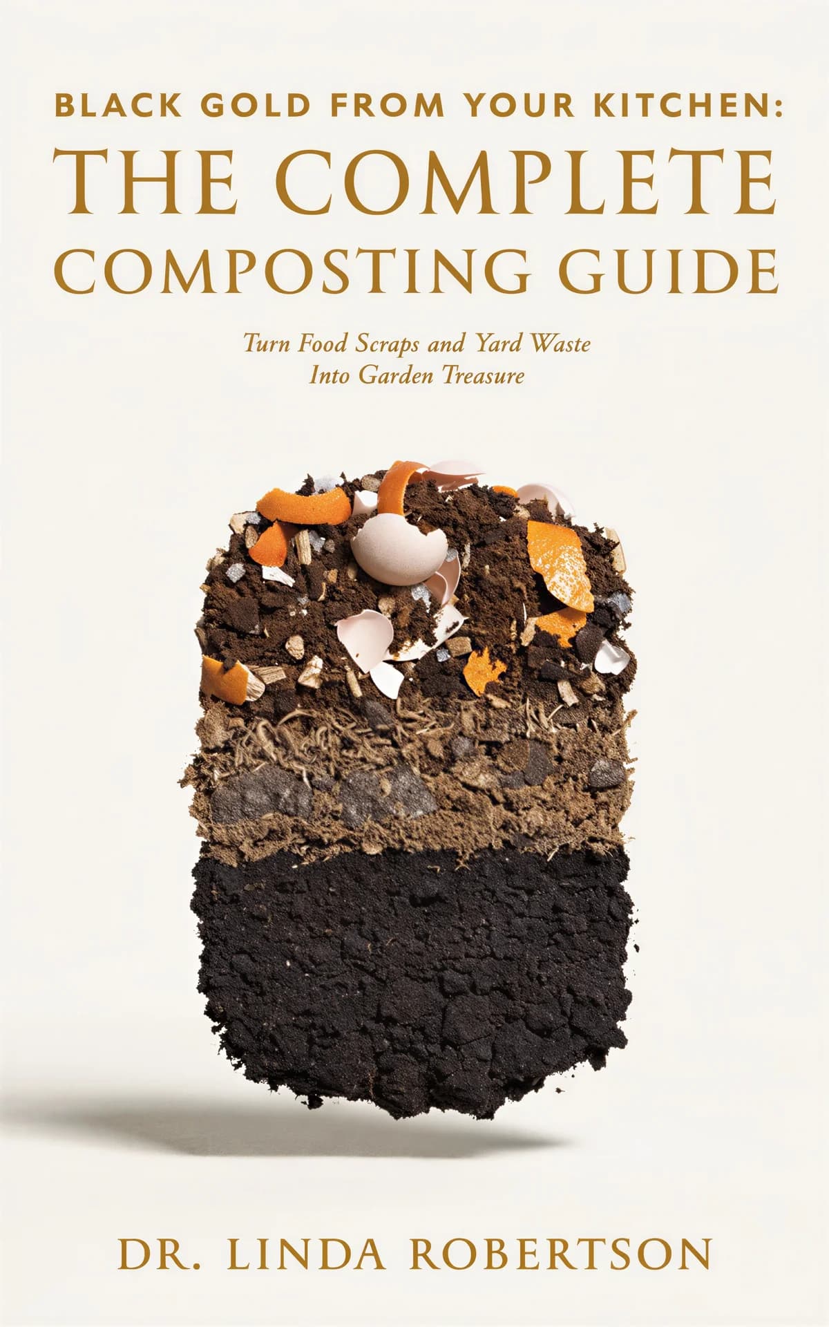 AI book cover generator self-help nonfiction object-on-white: cross-section of layered compost pile with dark soil, organic matter, orange peels, and eggshell for 'Black Gold From Your Kitchen: The Complete Composting Guide'.