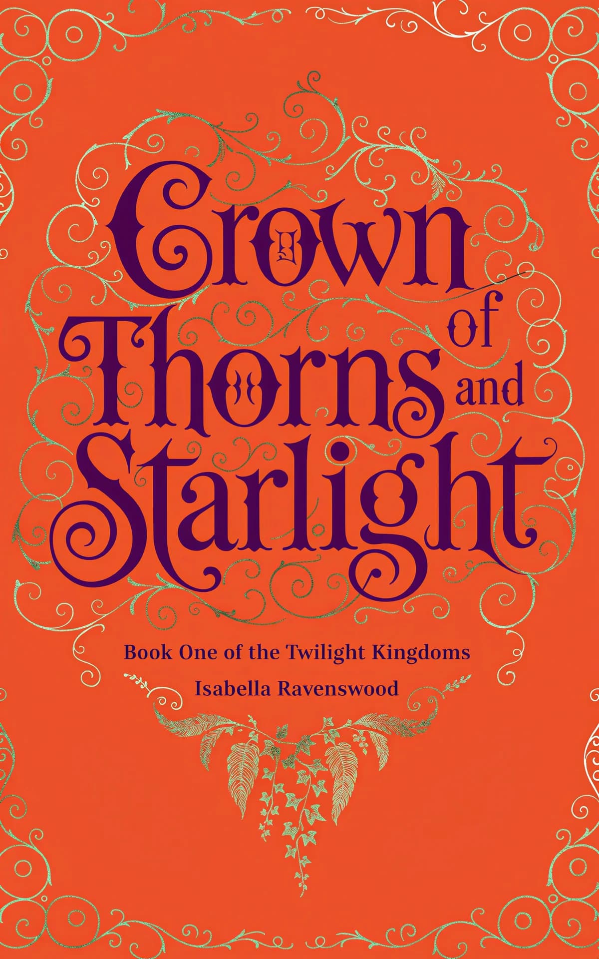 AI book cover generator romantasy filigree frame: ornate purple typography with scrolling botanical flourishes on vibrant orange background for 'Crown of Thorns and Starlight'.