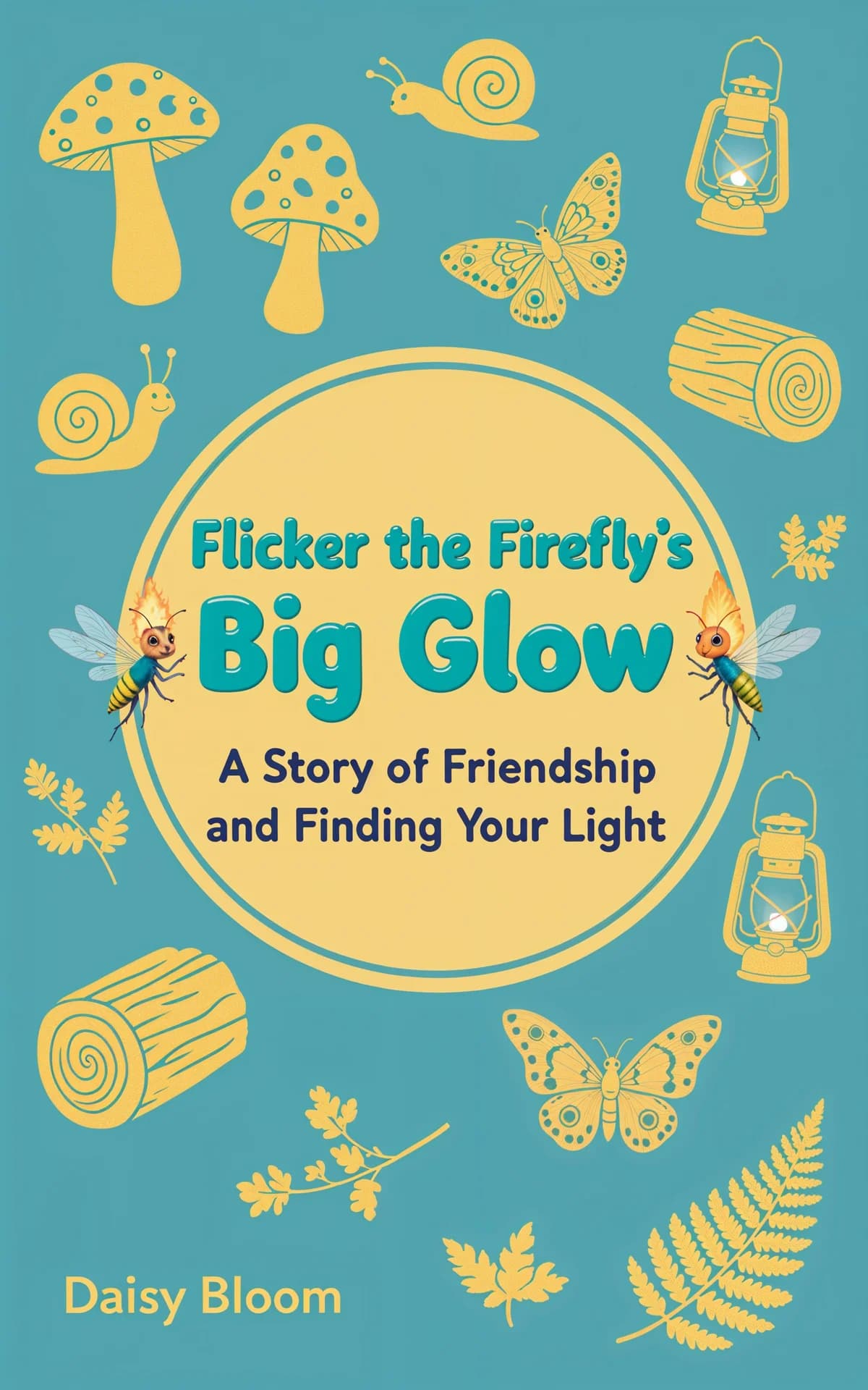 AI book cover generator children's pattern-frame-title-badge: Yellow and teal whimsical nature scene with fireflies, mushrooms, snails, and lanterns for "Flicker the Firefly's Big Glow".