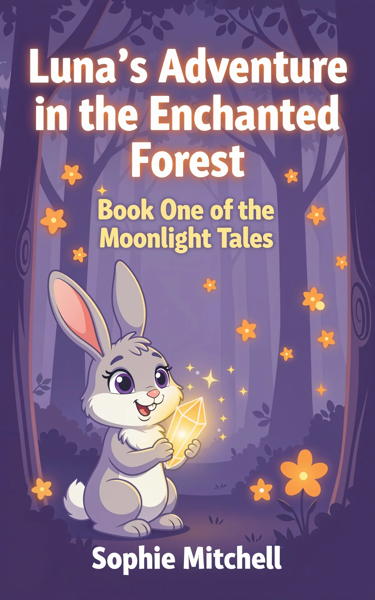 AI book cover generator children's bold-cartoon: Cute gray bunny holding glowing crystal in enchanted purple forest with orange flowers for "Luna's Adventure in the Enchanted Forest".