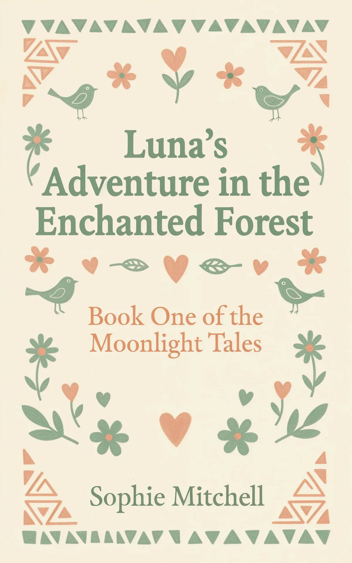 AI book cover generator children's whimsical-folk: pastel green and peach illustrated birds, flowers, and hearts surrounding book title for "Luna's Adventure in the Enchanted Forest".