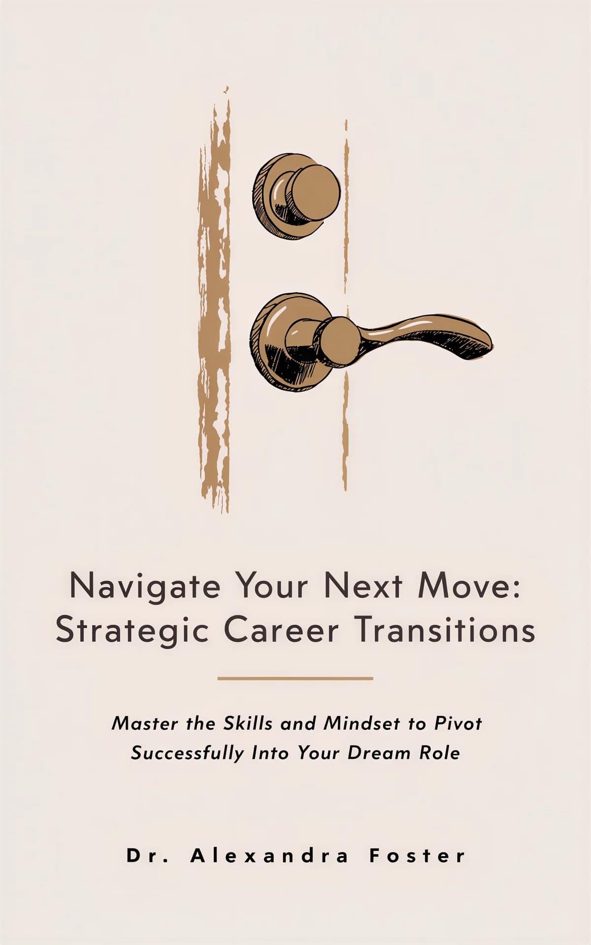 AI book cover generator business-career-warm-object: vintage brass door knobs and handles on textured wood panel for 'Navigate Your Next Move: Strategic Career Transitions'.