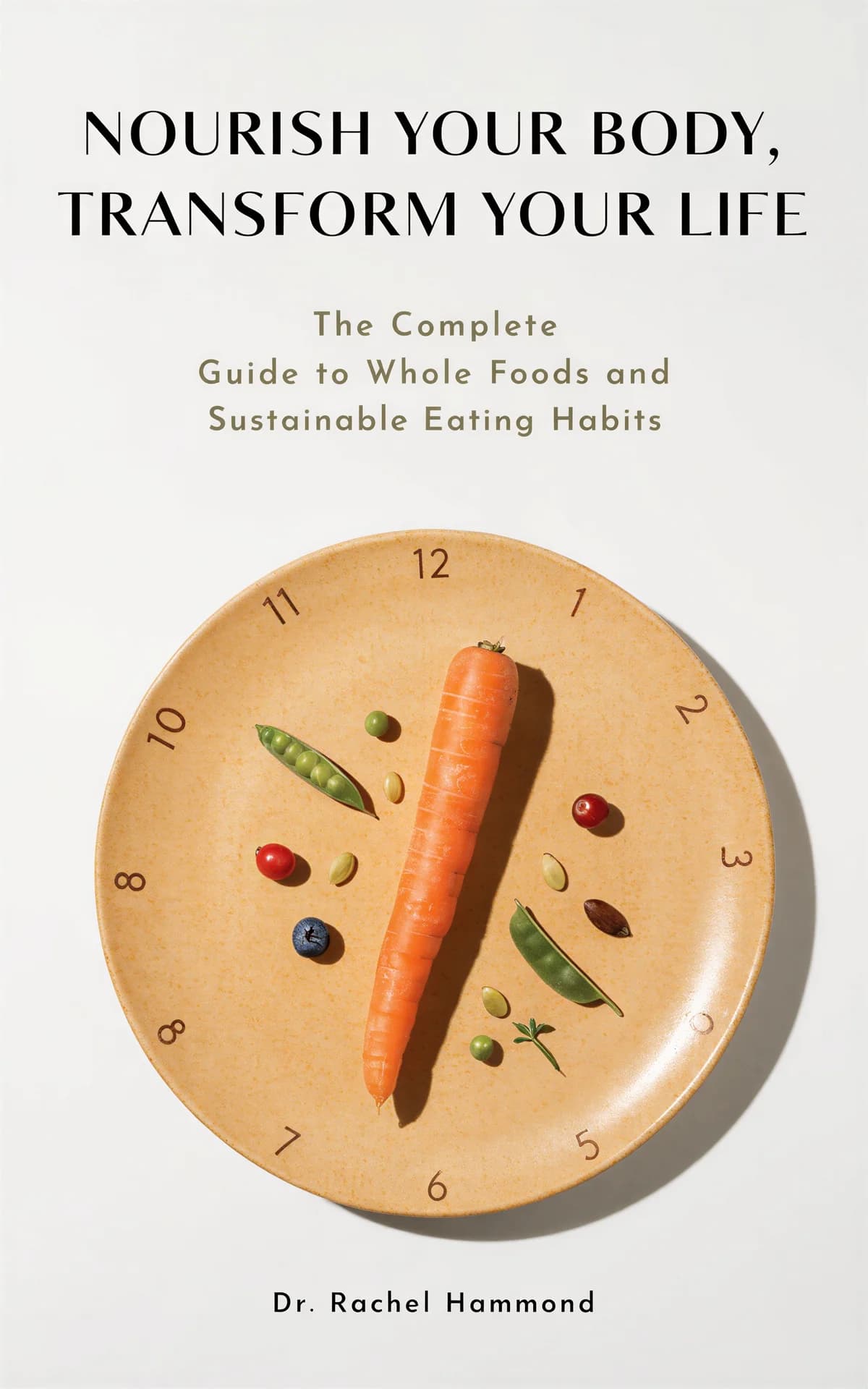 AI book cover generator health nutrition v2-fitness-food: wooden clock face with fresh vegetables and fruits arranged as time indicators for "Nourish Your Body, Transform Your Life".