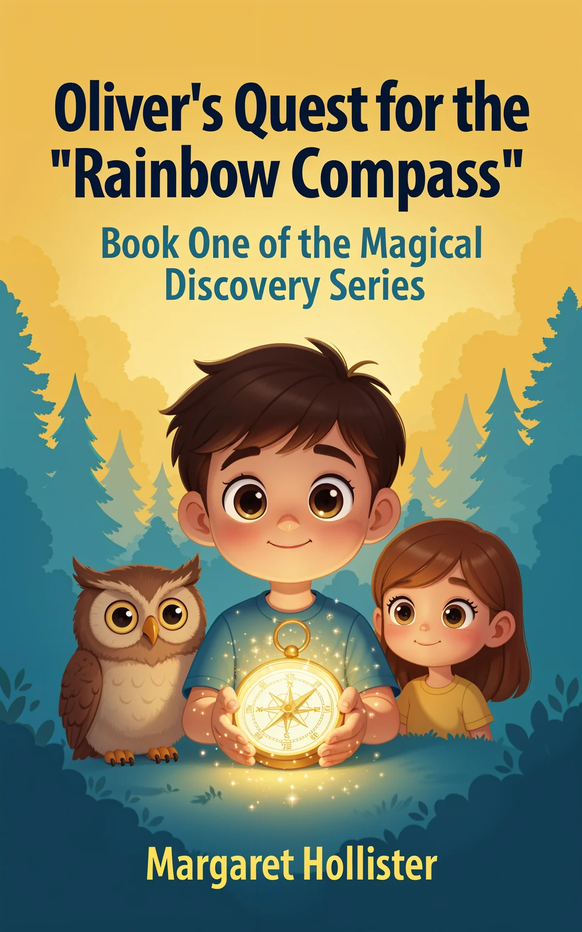 AI book cover generator children's bold-cartoon: Young boy holding glowing compass with owl and girl in magical forest for "Oliver's Quest for the Rainbow Compass".