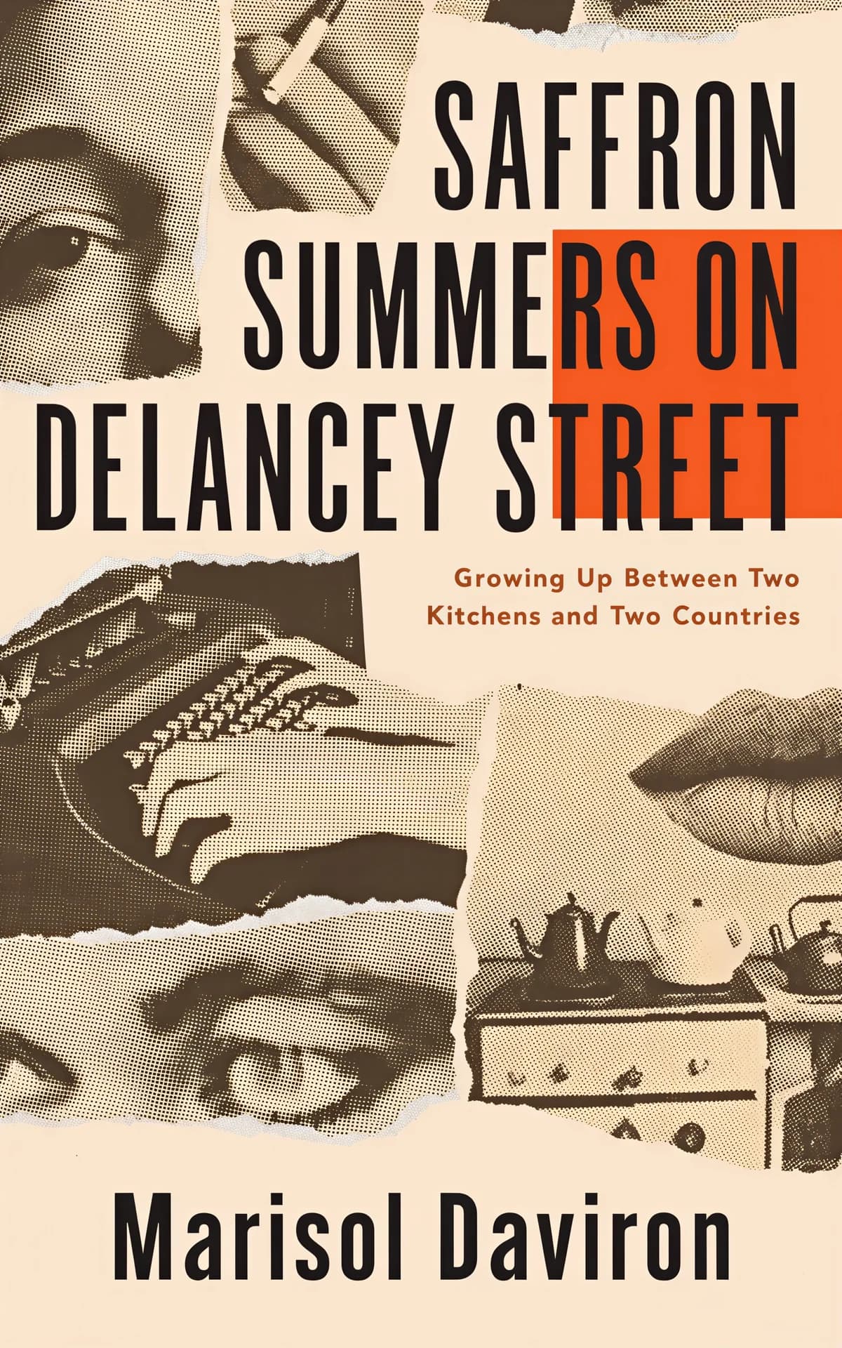 AI book cover generator memoir vintage: halftone photographic collage and bold typography for "Saffron Summers on Delancey Street".