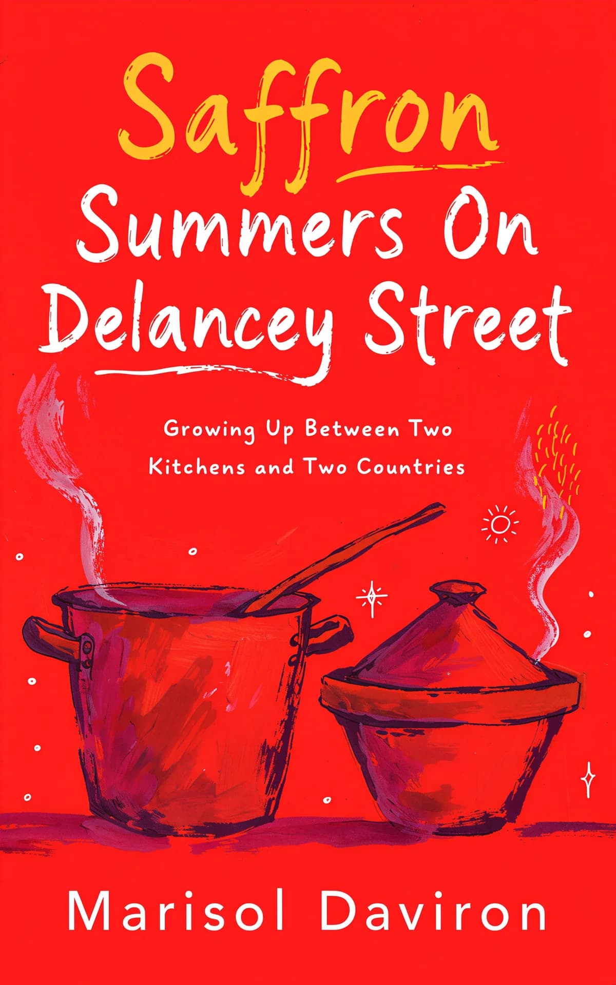 AI book cover generator memoir illustration: a hand-painted gouache illustration of a stockpot and terracotta pot with steam for "Saffron Summers on Delancey Street".