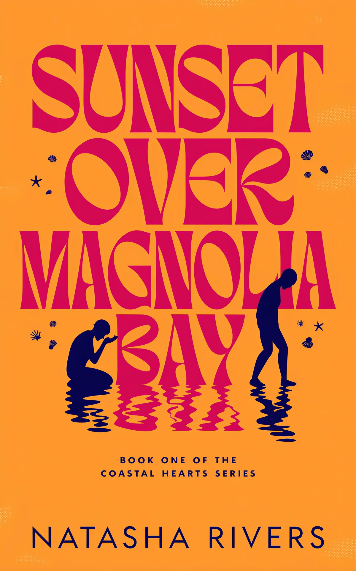 AI book cover generator romance big-type-tiny-figures: sunset orange background with pink typography and blue silhouettes of two figures reflected in water for "Sunset Over Magnolia Bay".