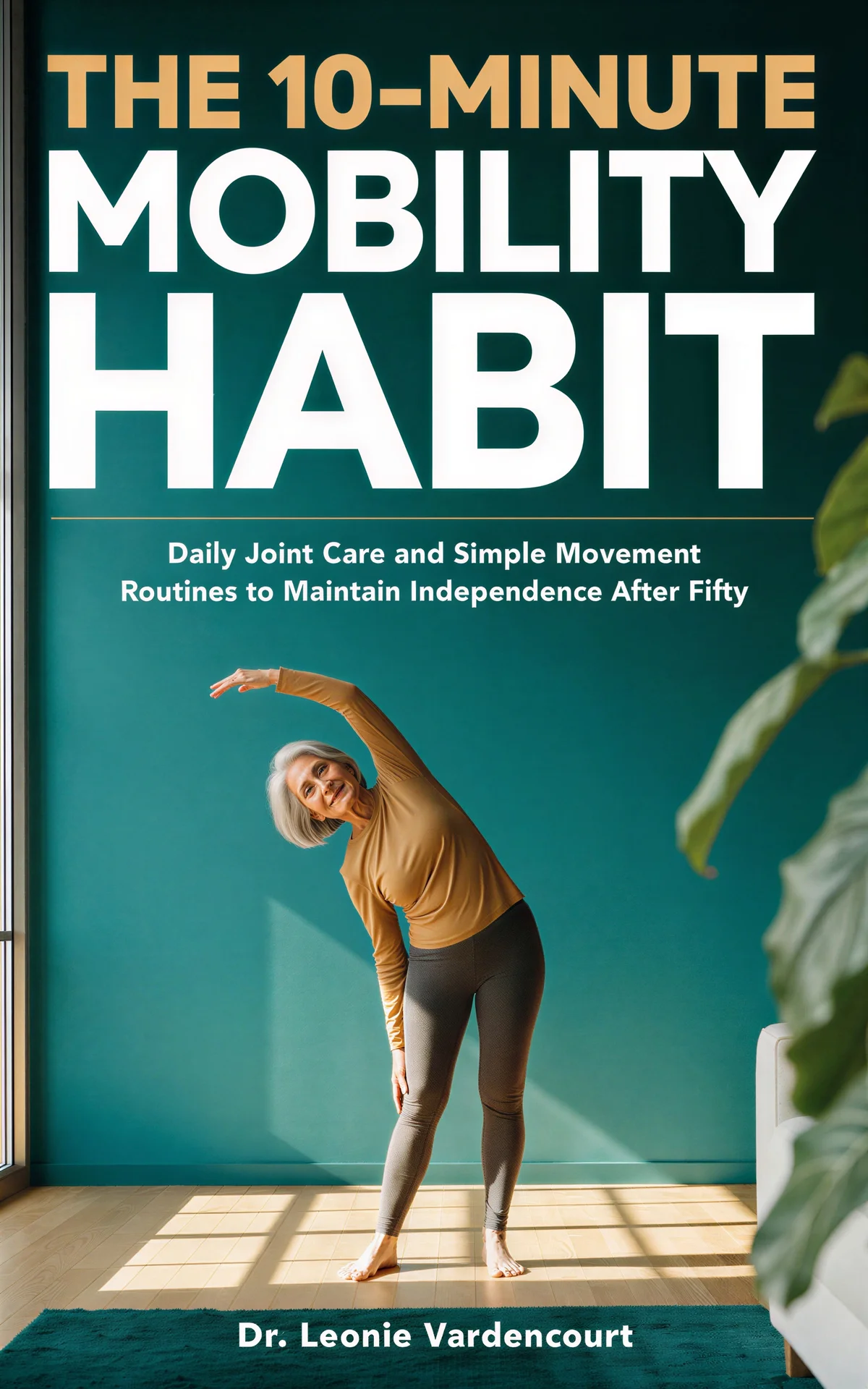 AI book cover generator health-fitness photoreal: an older woman stretching indoors for "The 10-Minute Mobility Habit".