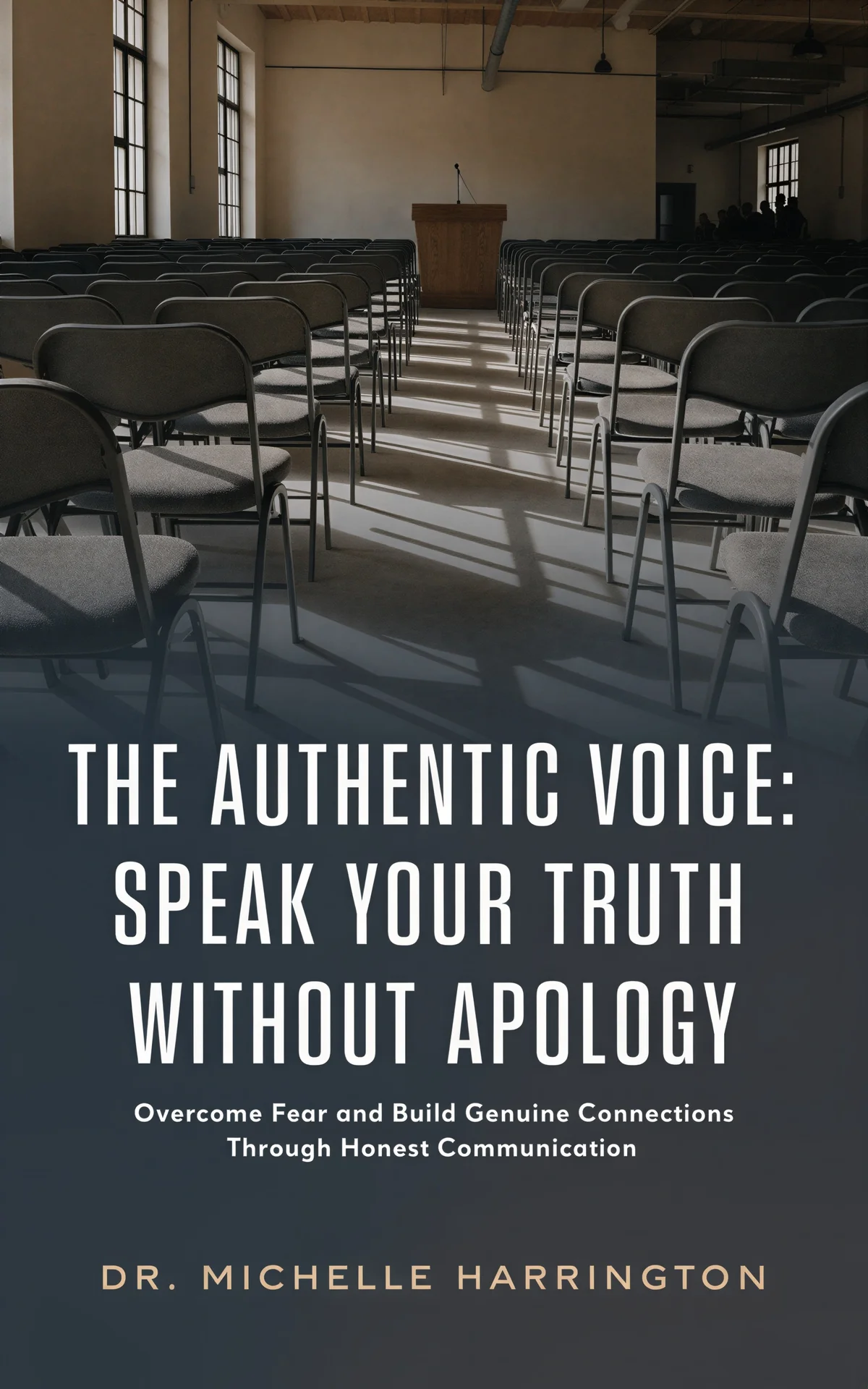 AI book cover generator self-help photo-type: empty auditorium with rows of chairs facing wooden podium with sunlight streaming through windows for 'The Authentic Voice: Speak Your Truth Without Apology'.