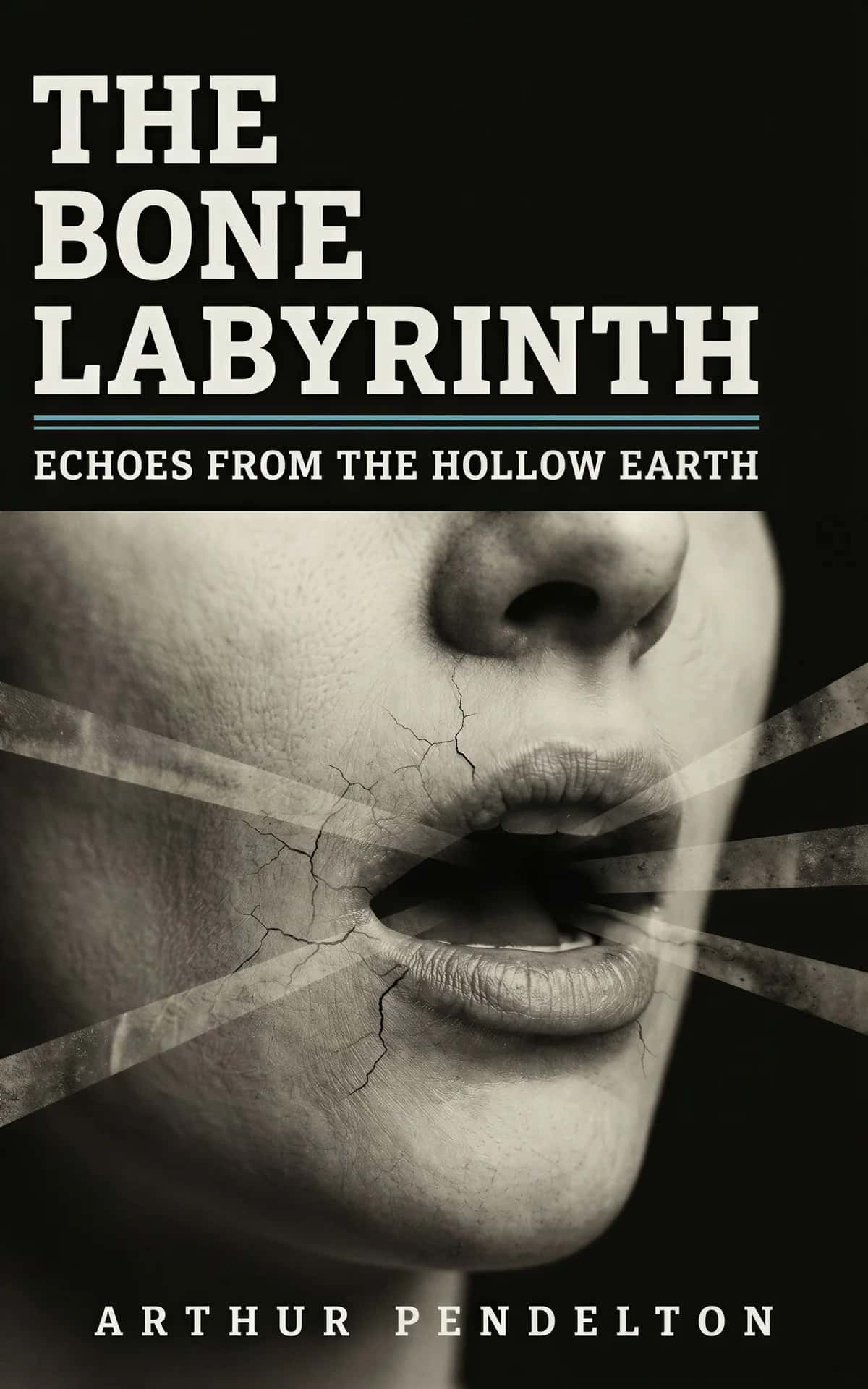 AI book cover generator horror claude-horror-face-distortion: cracked pale face with open mouth and radiating lines for "The Bone Labyrinth"