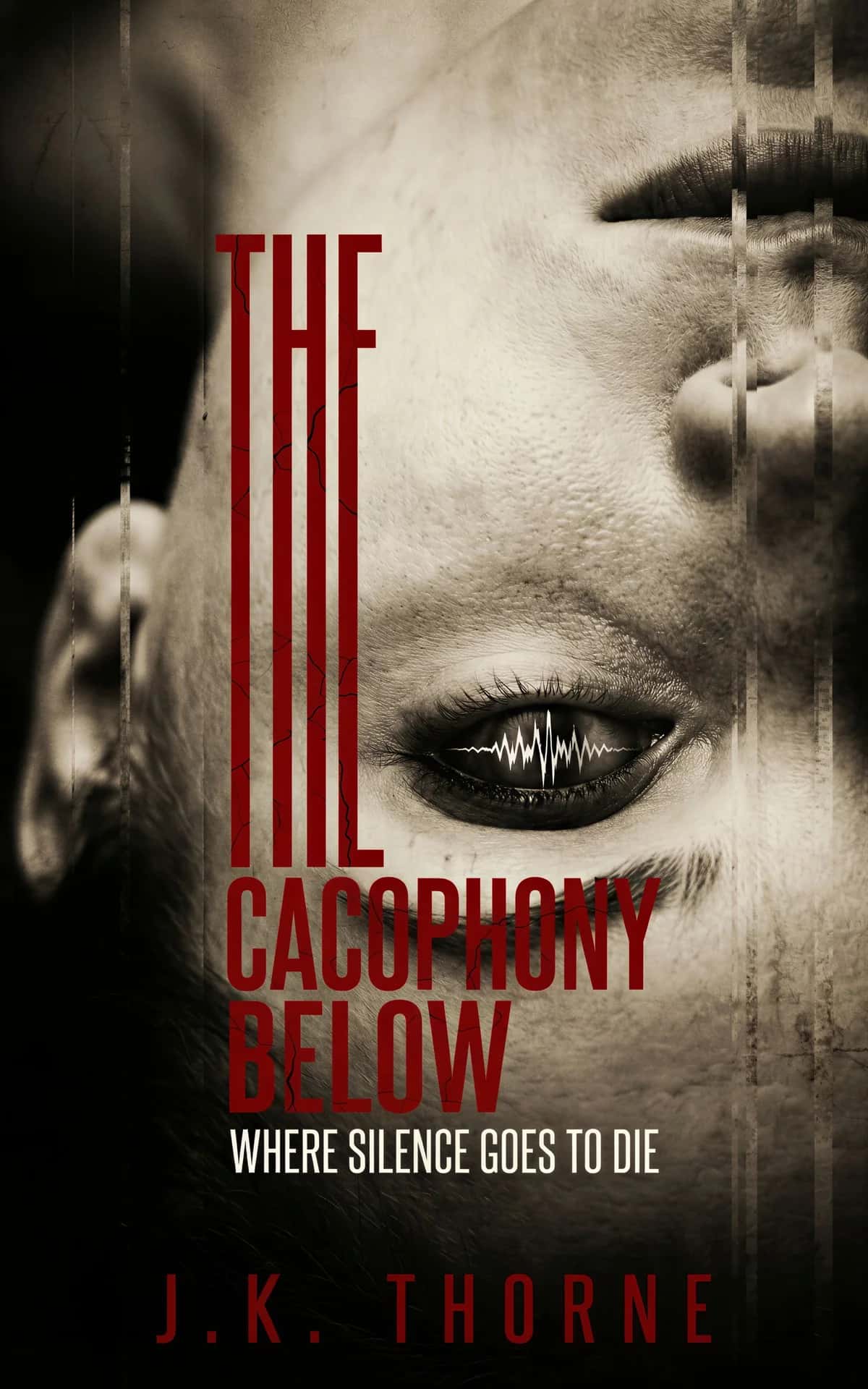 AI book cover generator horror claude-horror-face-distortion: distressed human face with fragmented eye and sound wave, dark sepia tones for "The Cacophony Below".