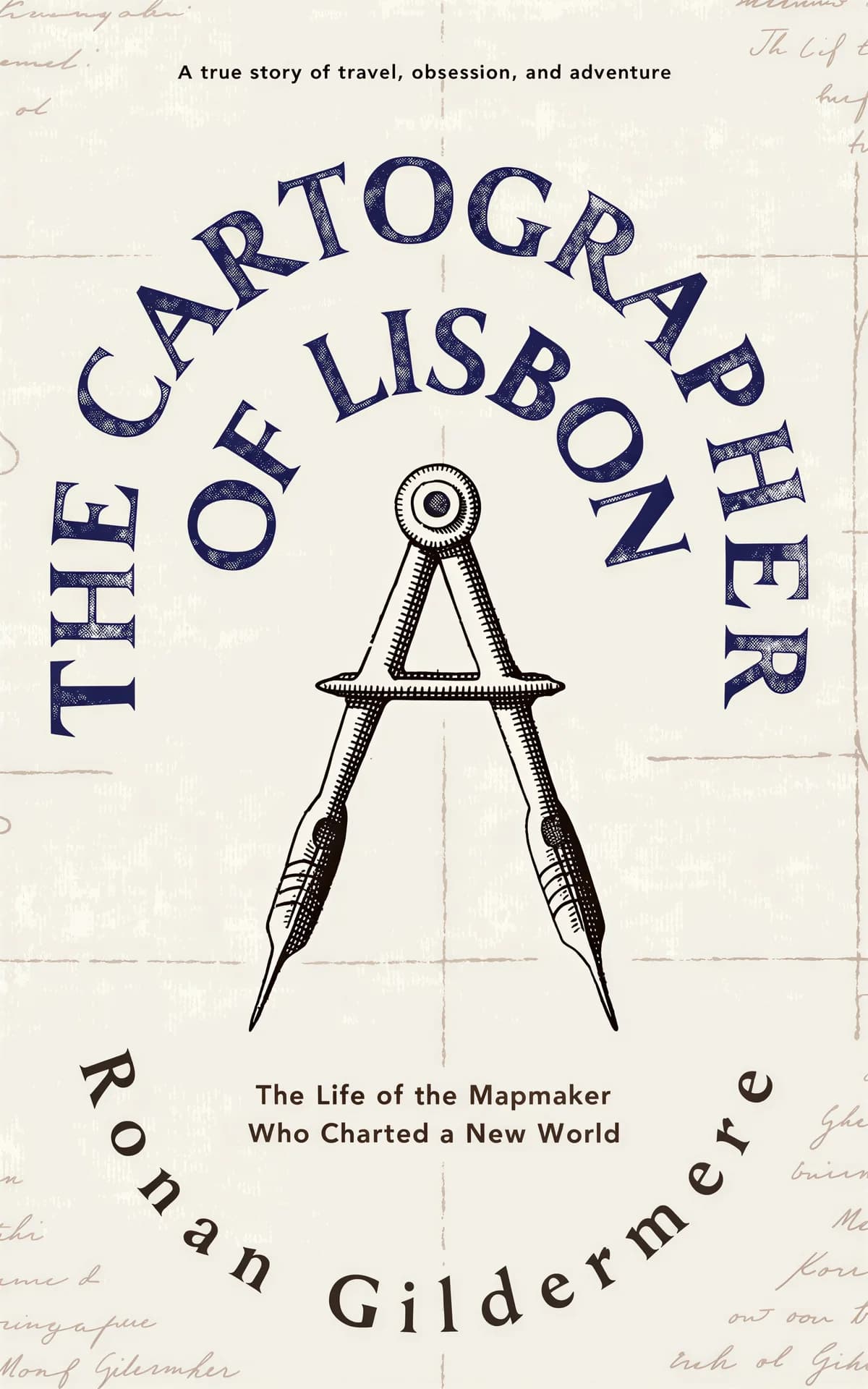 AI book cover generator biography illustration: a vintage engraving of navigator dividers for "The Cartographer of Lisbon".