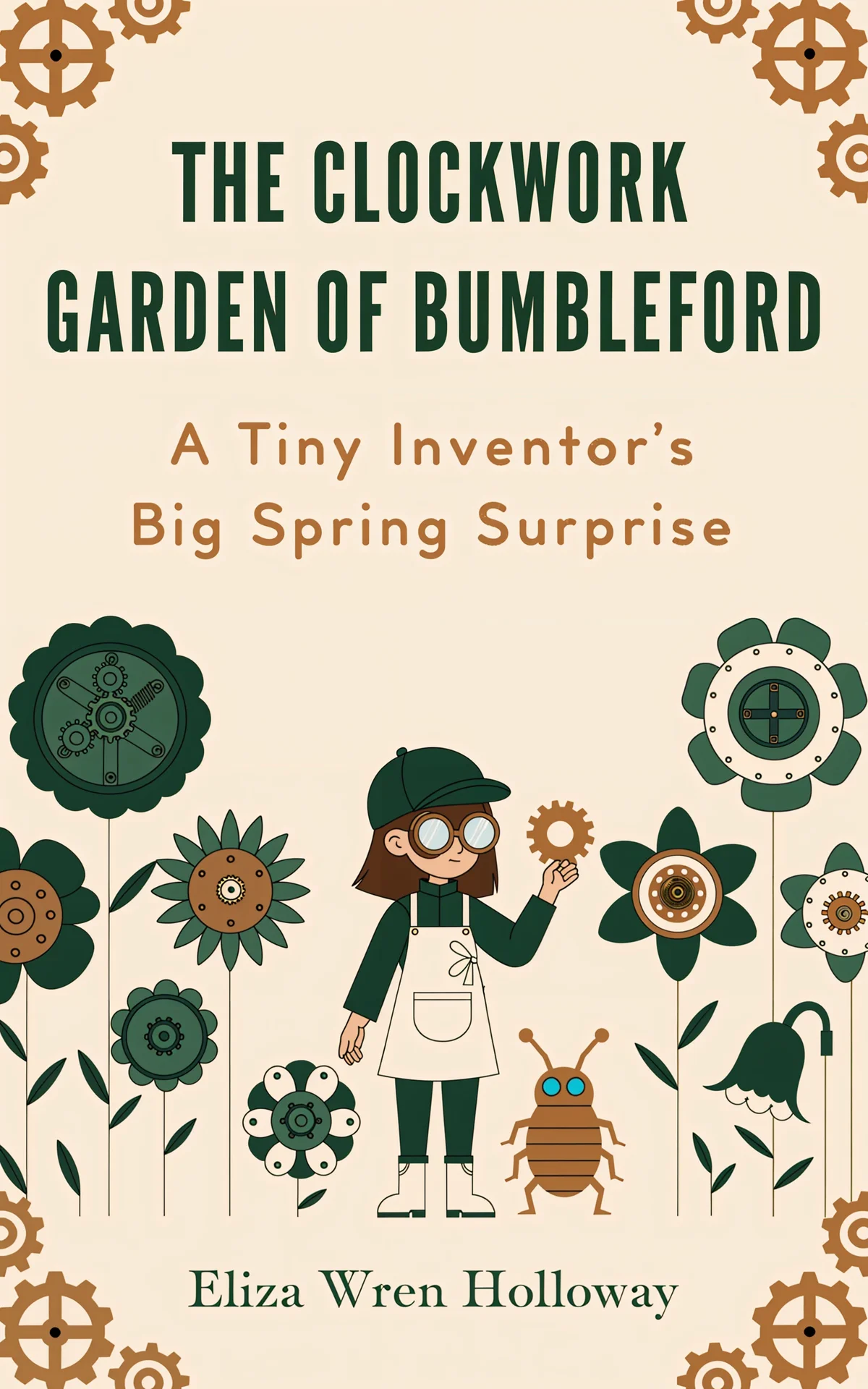 AI book cover generator Children's: cover design for "The Clockwork Garden of Bumbleford".