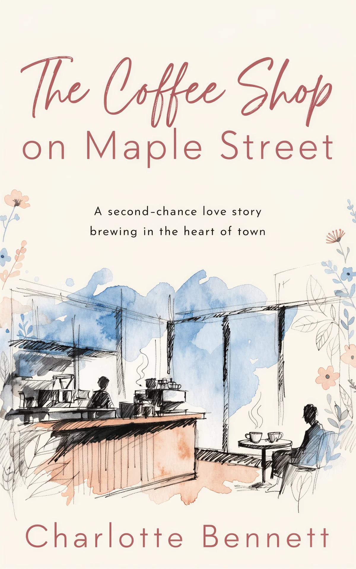 AI book cover generator romance watercolor: cozy coffee shop interior with two figures and steaming cups for 'The Coffee Shop on Maple Street'.