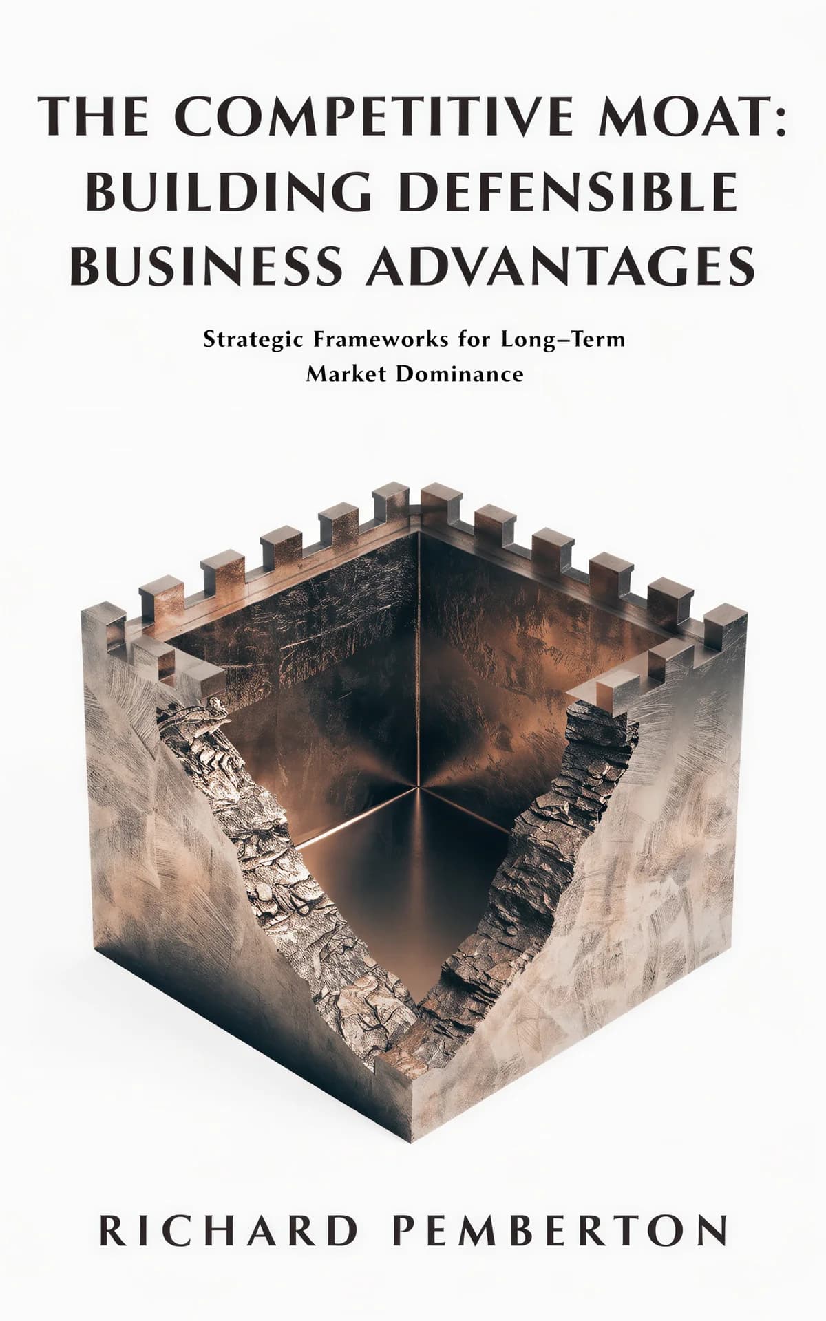 AI book cover generator business economics nf-object-on-white: cross-section of medieval stone fortress with water moat and drawbridge for "The Competitive Moat: Building Defensible Business Advantages".