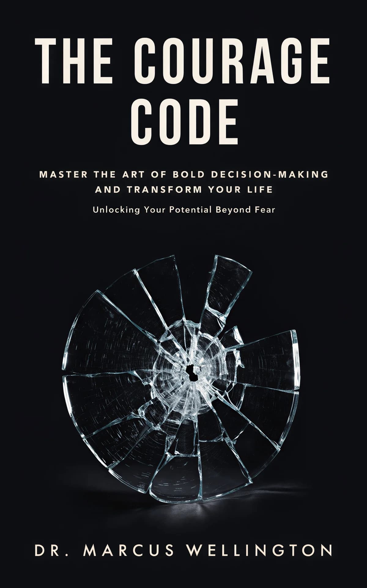AI book cover generator self-help minimalist: shattered glass sphere with radiant light center on black background for "The Courage Code: Unlocking Your Potential Beyond Fear".