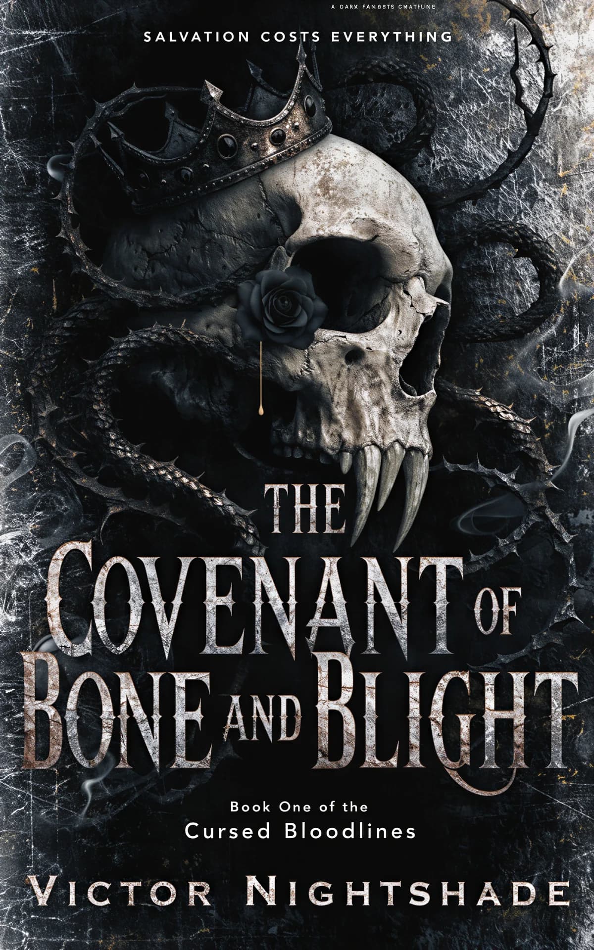 AI book cover generator gothic romantasy: ornate crowned skull with black rose and serpentine details on grunge textured background for 'The Covenant of Bone and Blight'.