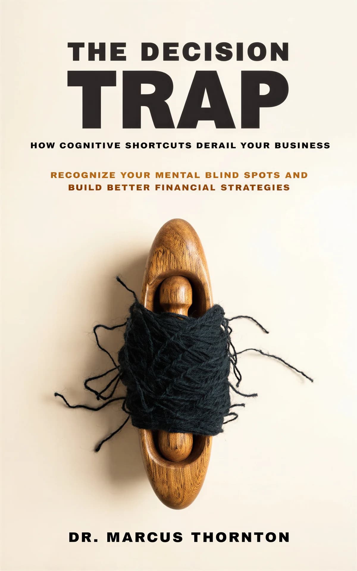 AI book cover generator business economics nf-object-on-white: wooden eye sculpture wrapped in black tangled yarn on cream background for "The Decision Trap: How Cognitive Shortcuts Derail Your Business".