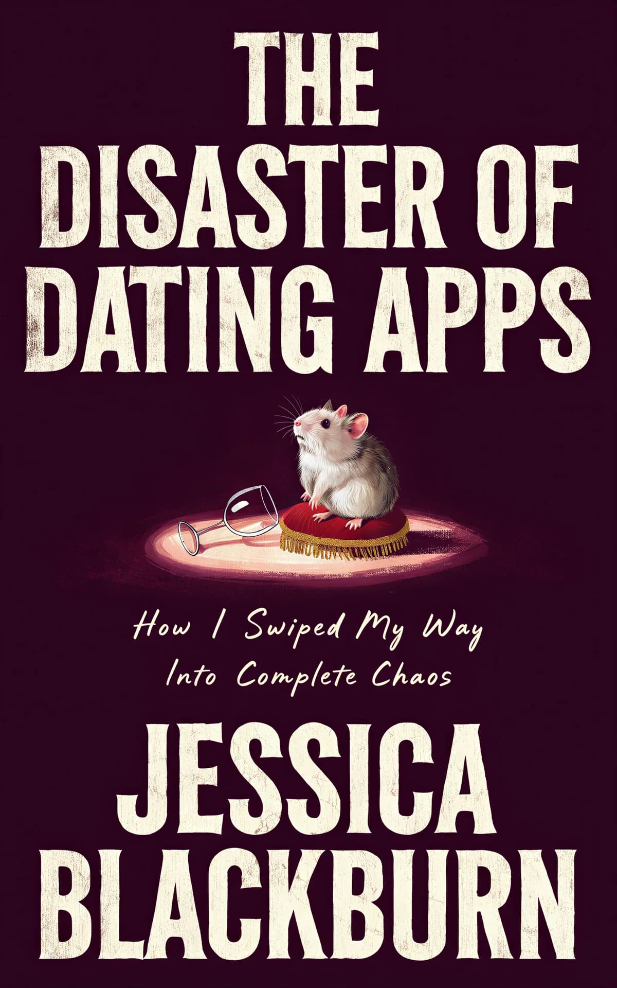 AI book cover generator contemporary fiction romance: small white rat on red velvet cushion with scattered wine glasses on dark purple background for 'The Disaster of Dating Apps'.