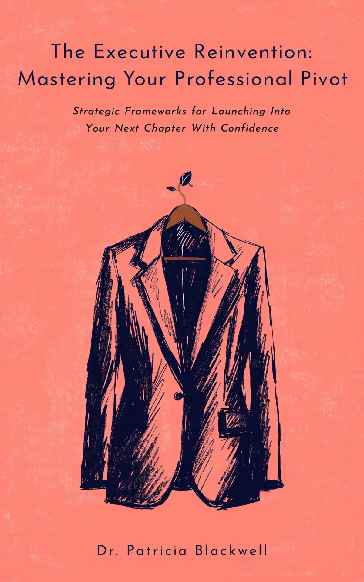 AI book cover generator business career warm object: professional blazer on wooden hanger with sprouting leaves against coral background for "The Executive Reinvention: Mastering Your Professional Pivot".