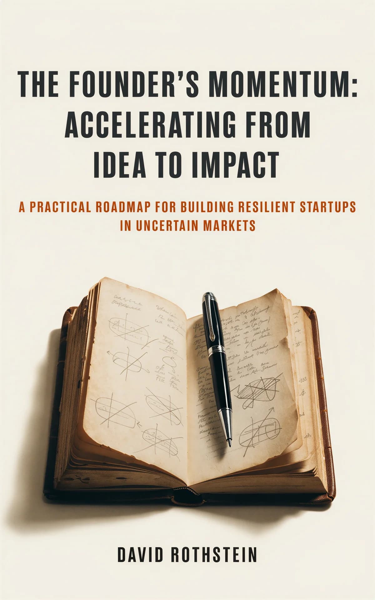 AI book cover generator business economics nf-object-on-white: vintage leather-bound notebook with sketches and handwritten notes beside a black pen for 'The Founder's Momentum: Accelerating From Idea to Impact'.