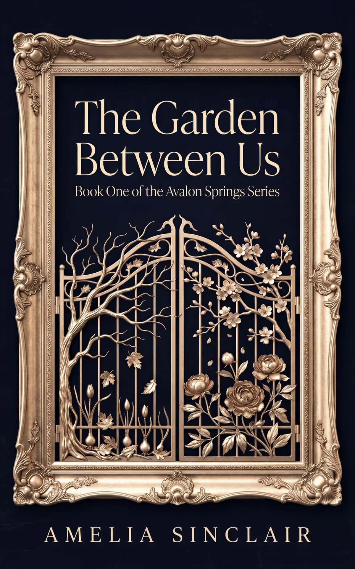 AI book cover generator romance dark-ornate-floral-frame: intricate golden gate with blooming flowers and bare branches in vintage ornate frame for "The Garden Between Us".